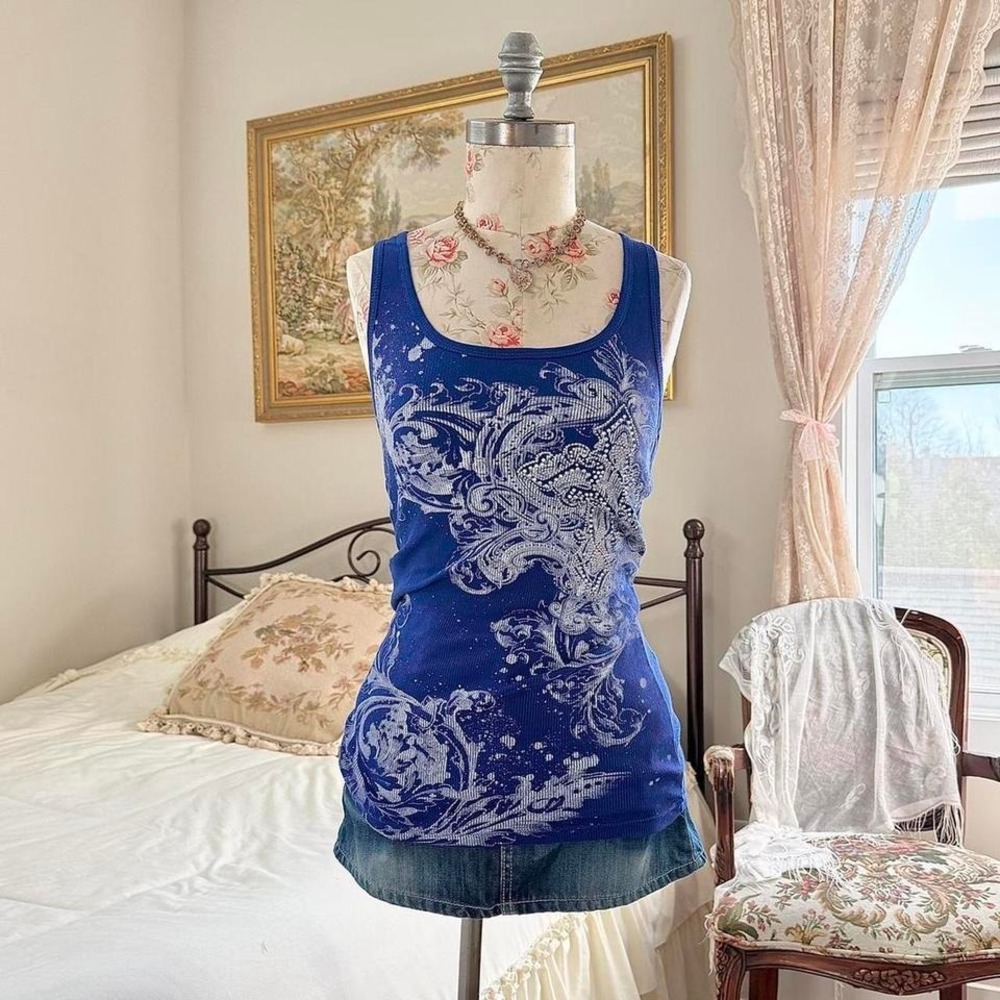 blue rhinestone mcbling tank  y2k zona libre blue graphic tank top size medium